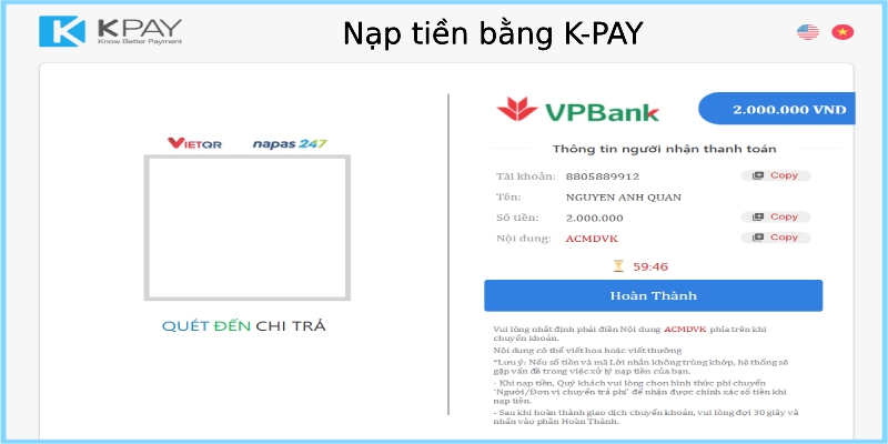 Nạp vốn Loto188 bằng K-PAY